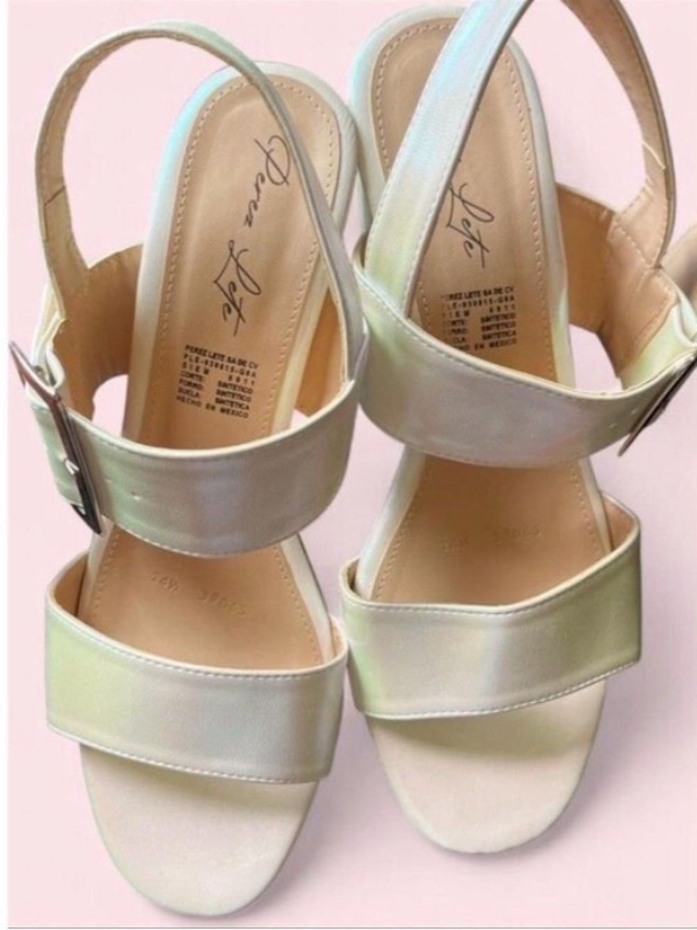 PEREZ LETE SIZE 24.5 (24 1/2) STYLE # 3965 Iridescent cream block heel sanda